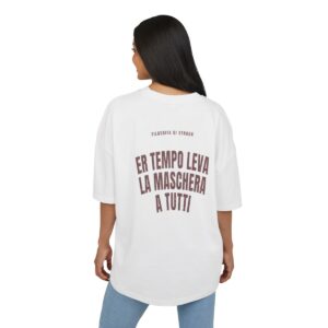 T-shirt oversize PUMP con la frase 'ER TEMPO LEVA LA MASCHERA A TUTTI' — collezione Filosofia