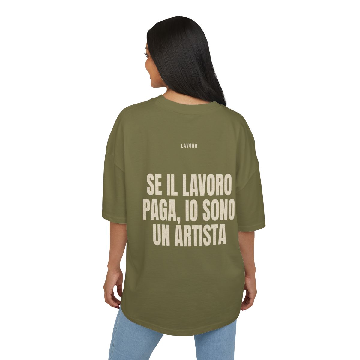 T-shirt oversize PUMP con la frase 'SE IL LAVORO PAGA, IO SONO UN ARTISTA' — collezione Lavoro